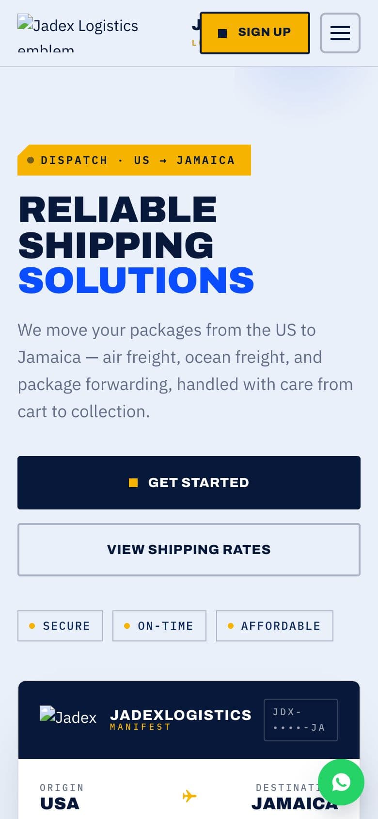 Jadex Logistics website on mobile